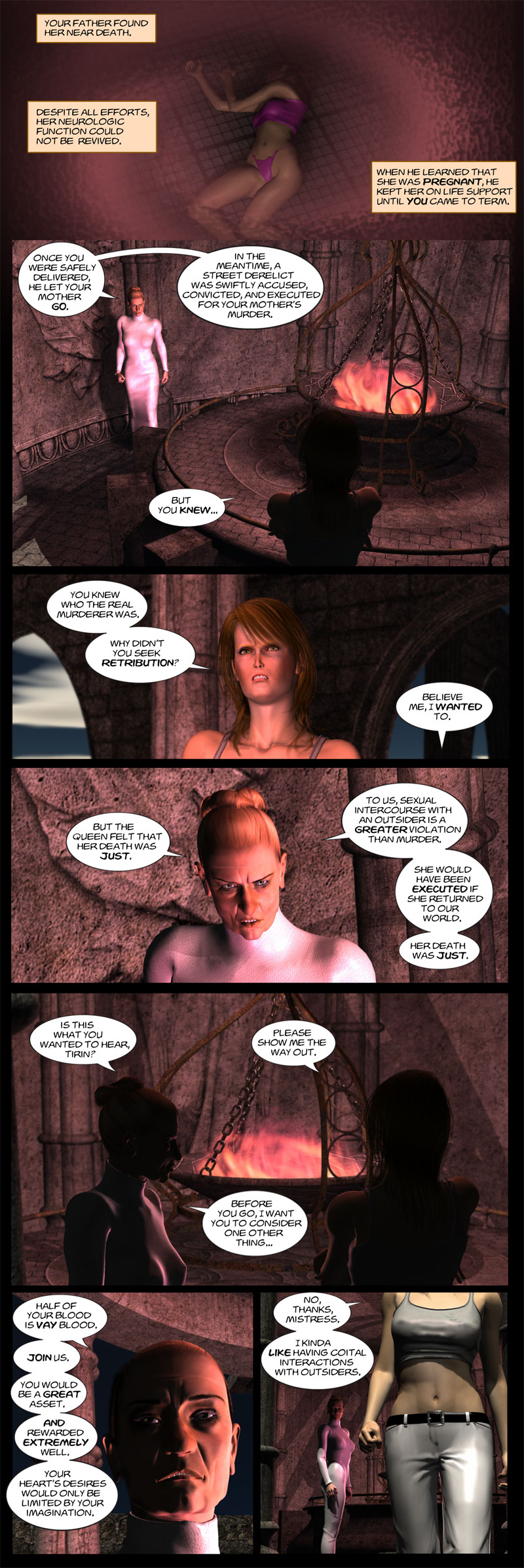 Chapter 4, page 24 – Mistress Salock tried to convince Tirin to stay on Saronia
